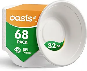 𝟯𝟮 𝗼𝘇, 𝟲𝟴-𝗣𝗮𝗰𝗸 Compostable Paper Bowls, Heavy-Duty Biodegradable Disposable Bowls Made from Bagasse