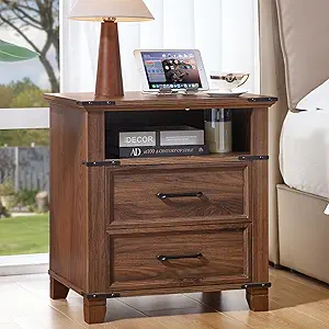 22" NightStand, Farmhouse Nightstand with 2 Drawers,Industrial Bedside Table with Open Shelf